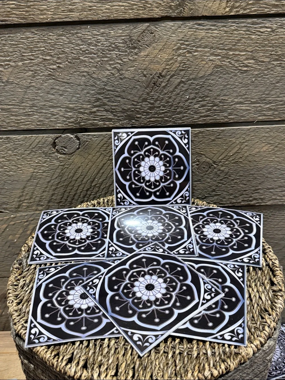 Set of 15 Black & White Mandala Decorative Tile Stickers (4